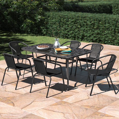 Garden Tempered Glass Rectangle Table with Set of 6 PE Rattan Chairs, LG1257LG0915