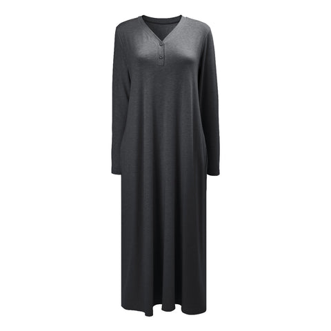 Cotton Button V-neck Long-Sleeve Nightdress, WO0700