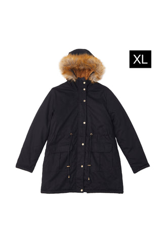 XL Black Winter Casual Zip-up Coat Jacket with Faux Fur Hood, WO0174