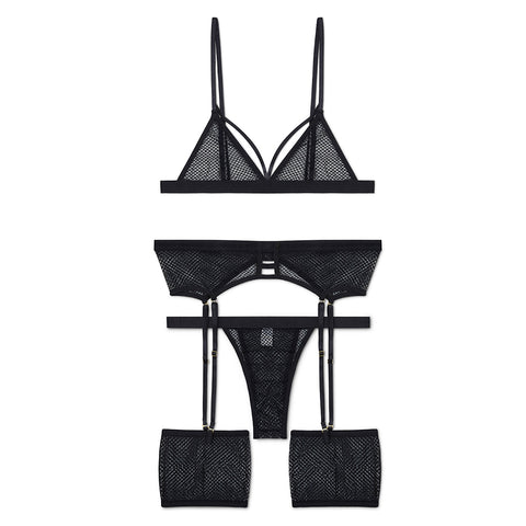 L-size Black Fashionable Lace 3 Piece Lingerie Set, WO0312 (Ver.2)