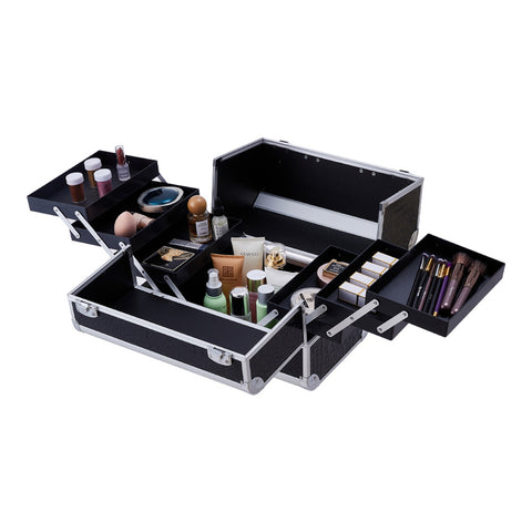 Black Makeup Box Professional Cosmetic Organizer Aluminum Storage Box with 6 Trays, SO0160 (Ver.2)