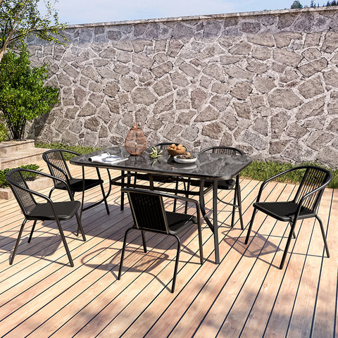 Outdoor Tempered Glass Garden Table with Six Rattan Chairs,LG0890LG0915