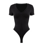 M-size Black Rayon Fiber V-Neck Short Sleeve Thong Shapewear Bodysuit Tops for Female, WO0250(Ver.2)