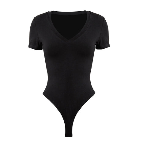 M-size Black Rayon Fiber V-Neck Short Sleeve Thong Shapewear Bodysuit Tops for Female, WO0250(Ver.2)