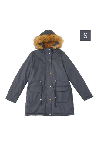 S Grey Winter Casual Zip-up Coat Jacket with Faux Fur Hood, WO0186(Ver.2)