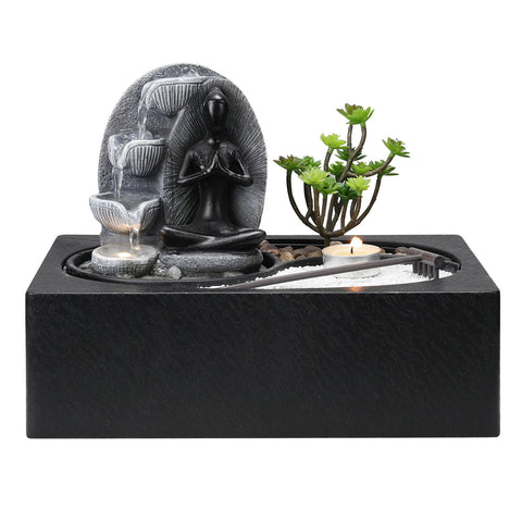 Buddha Zen Tabletop Fountain with LED Light, Tealight Holder and Succulent, AI1038