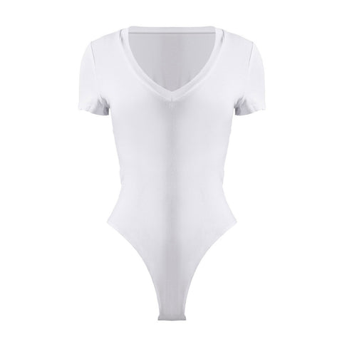 L-size White Rayon Fiber V-Neck Short Sleeve Thong Shapewear Bodysuit Tops for Female, WO0254(Ver.2)