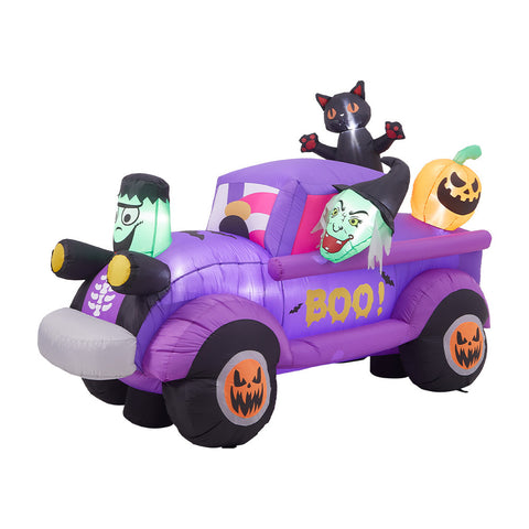 5ft Halloween Witch Driving a Car with Horror Frankenstein, Black Cat and Jack-o'-lantern Inflatable with Build-In LED, SW0873(Ver.2)