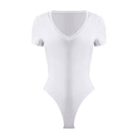 S-size White Rayon Fiber V-Neck Short Sleeve Thong Shapewear Bodysuit Tops for Female, WO0252(Ver.2)