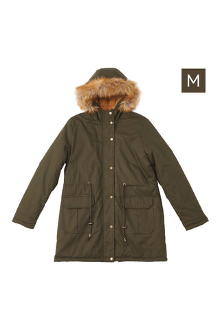 M Army Green Winter Casual Zip-up Coat Jacket with Faux Fur Hood, WO0177