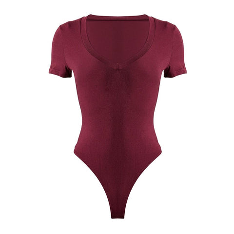 L-size Wine Red Rayon Fiber V-Neck Short Sleeve Thong Shapewear Bodysuit Tops for Female, WO0257(Ver.2)