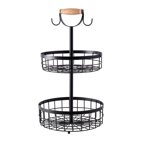 2-Tier Fruit Basket with Hangers and Wooden Handle, KT0147