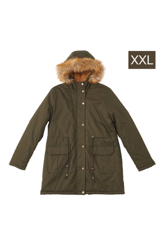 XXL Army Green Winter Casual Zip-up Coat Jacket with Faux Fur Hood, WO0180