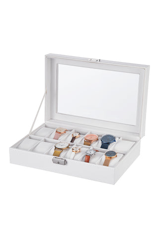 12-Slot White Synthetic Leather Watch Display Box with Glass Lid, SO0145