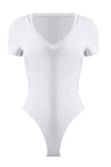 S-size White Rayon Fiber V-Neck Short Sleeve Thong Shapewear Bodysuit Tops for Female, WO0252