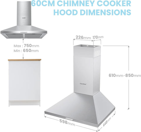 Class A+ 60cm Chimney Cooker Range Hood Kitchen Extractor with 3-Speed Modes, AJ0415