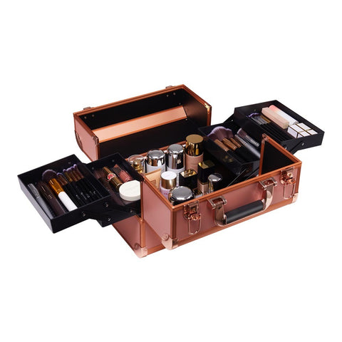 Rose Gold Cosmetic Box 4 Trays with Compartments Professional Makeup Box Storage Organizer Case, SO0165 (Ver.2)