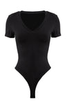 S-size Black Rayon Fiber V-Neck Short Sleeve Thong Shapewear Bodysuit Tops for Female, WO0249