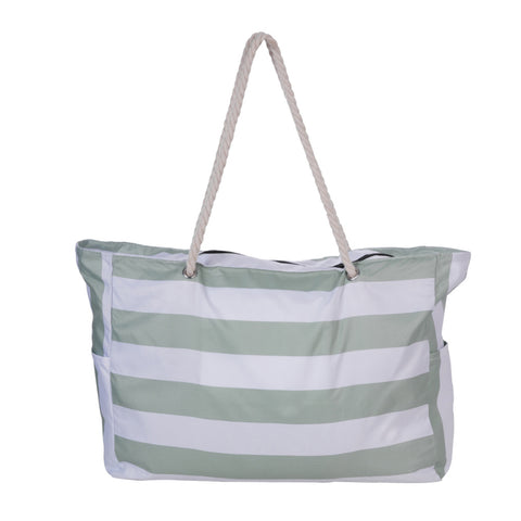 Matcha Green Stripe Waterproof Large Tote Handbag for Beach, WO0212 (Ver.2)