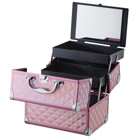 Pink Cosmetic Box 2 Trays with Mirror Professional Makeup Box Storage Organizer, SO0166