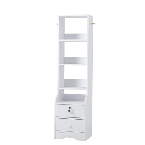 Livingandhome White Slim Storage Shelving Unit with Lockable Drawer, DM0542