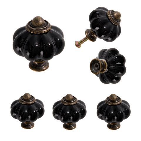 Black Pumpkin-Shaped Ceramic Knobs Set of 6, ZY0093 (Ver.2)