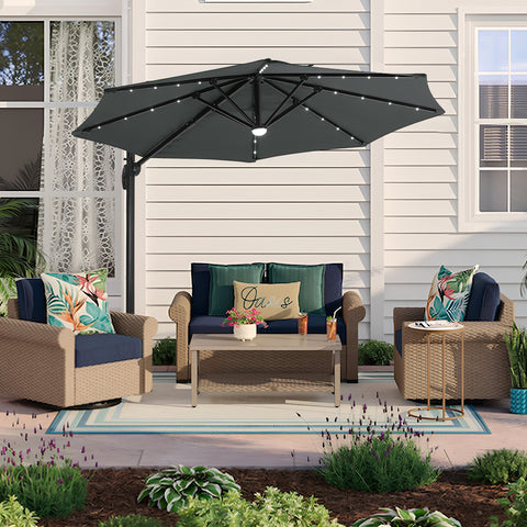 Round Cantilever Parasol with Solar Light and Patio Umbrella Stand, LG1271LG1275