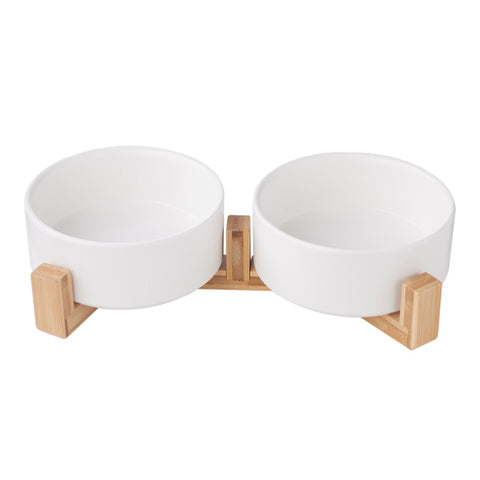 Double Ceramic Bowls Pet feeder with Wooden Stand, CW0055(Ver.2)