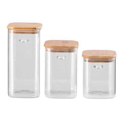 3Pcs Glass Storage Jars with Bamboo Spoons, KT0072