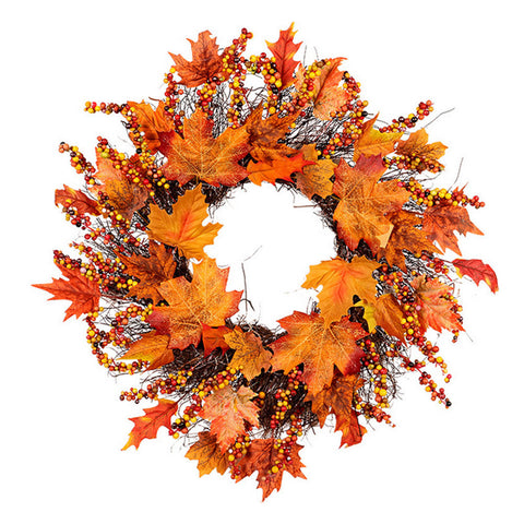 Livingandhome Lighted Maple Leaves Rattan Wreath with Berries Autumn Decor, SP0841