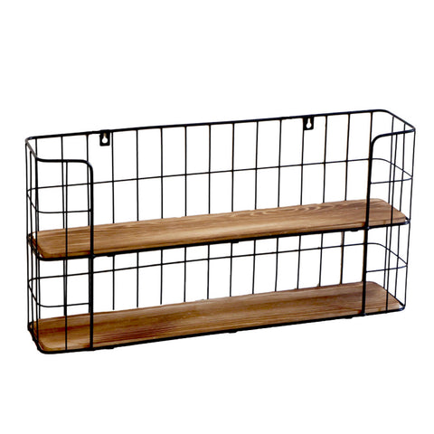 Industrial 2-Tier Wooden Floating Storage Wire Shelves for Wall, SP2318