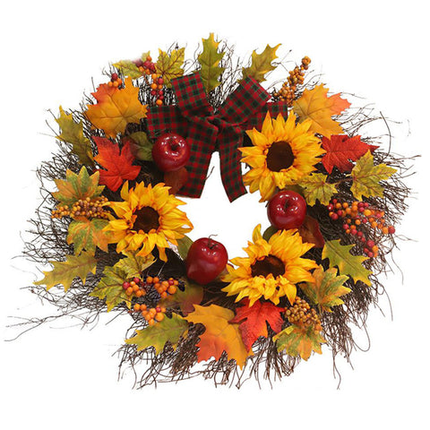 Livingandhome Prelit Autumn Wreath with Artificial Maple Leaves and Sunflowers, SP0843