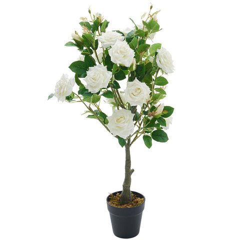 Livingandhome 80cm White Artificial Rose Flower Tree in Pot, PM1230