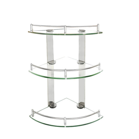 3 Tiers Bathroom Tempered Glass Corner Shelf with Steel Rail Wall Mounted, WH1077