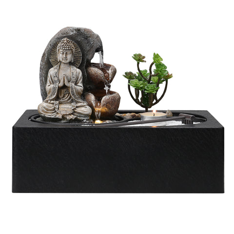 Buddha Zen Tabletop Fountain with LED Light, Tealight Holder and Succulent, AI1037